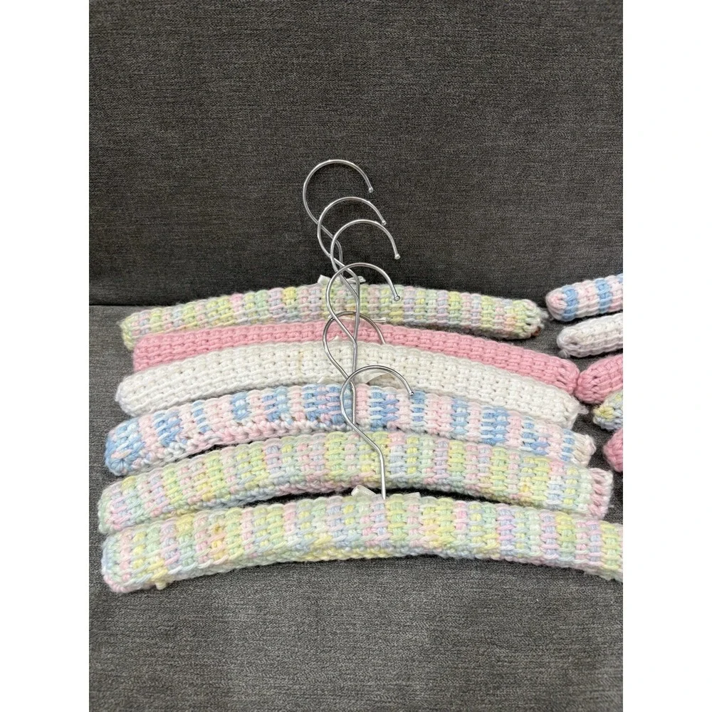 Colorful Baby Vintage 12 Handmade Crochet Yarn Covered Wooden Hangers Metal Hook